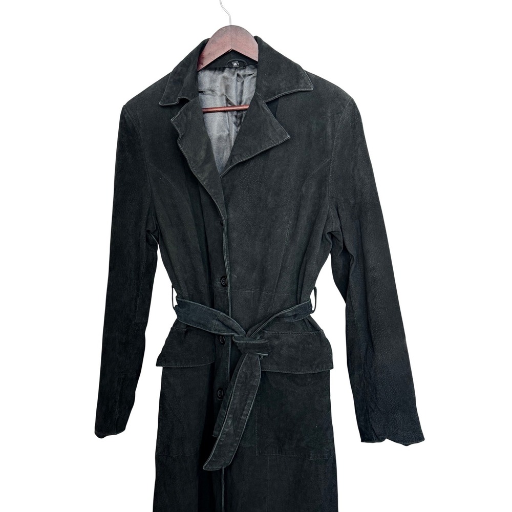 Vintage Black Suede Leather Belted Trench Coat Women's Longline Jacket 46